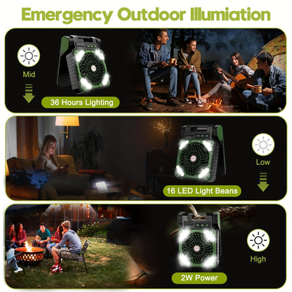 Ventilateur de Camping Solaire Rechargeable – Ventilation Portable avec LED et Power Bank