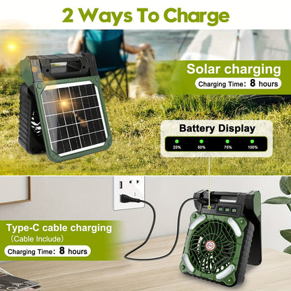 Ventilateur de Camping Solaire Rechargeable – Ventilation Portable avec LED et Power Bank
