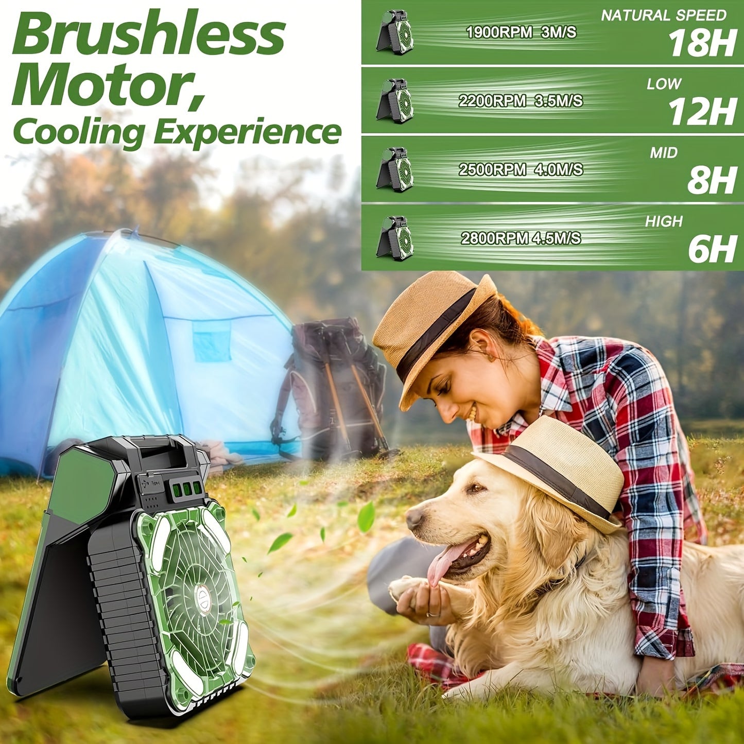 Ventilateur de Camping Solaire Rechargeable – Ventilation Portable avec LED et Power Bank