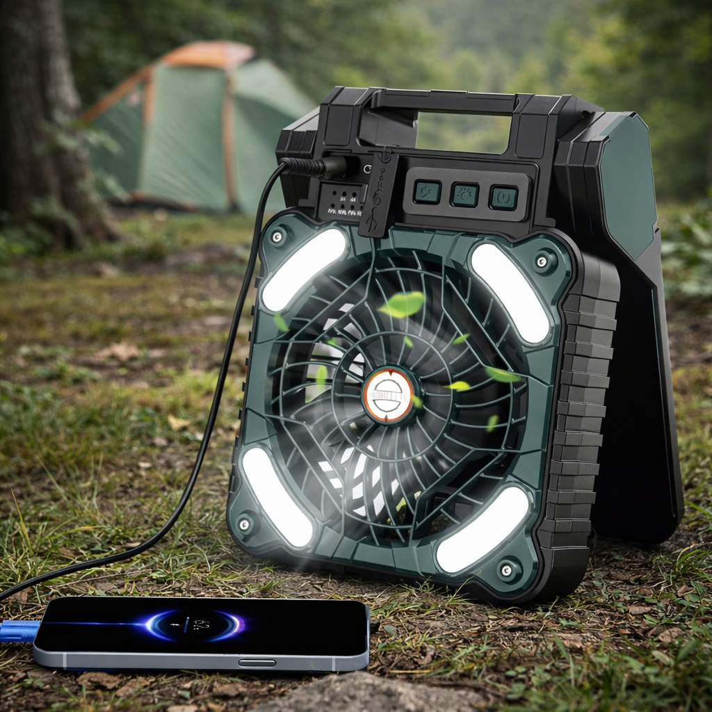 Ventilateur de Camping Solaire Rechargeable – Ventilation Portable avec LED et Power Bank